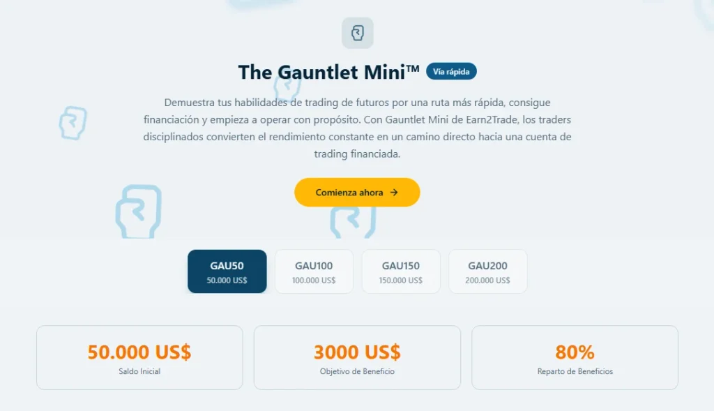 Earn2trade: The Gauntlet Mini. Uno de los programas más populares de la empresa.