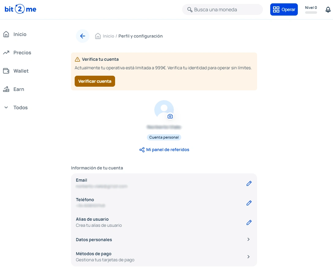 Bit2Me verificar cuenta