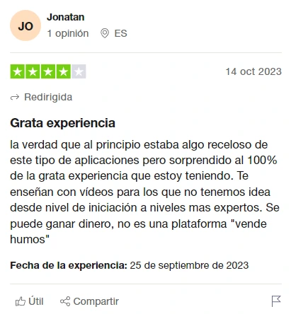 Usuario novato agradece a XTB por enseñar desde cero y ofrecer contenido educativo sin promesas vacías