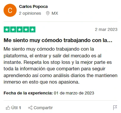 Opinión de trader satisfecho con la rapidez de ejecución y contenido educativo diario de XTB