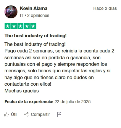 Reseña positiva de Kevin Alama sobre The Trading Pit: destaca puntualidad en pagos quincenales, claridad en las reglas y buena atención al cliente.