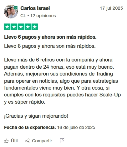 Opinión de Carlos Israel sobre The Trading Pit: destaca pagos en menos de 24 horas, condiciones para operar noticias y facilidad en el plan de escalado.