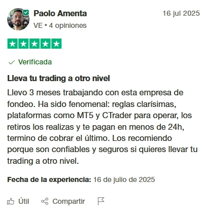 Opinión positiva de Paolo Amenta sobre The Trading Pit: elogia la claridad de reglas, plataformas como MT5 y CTrader, y rapidez en pagos y soporte.