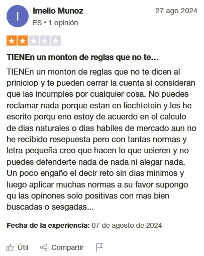 Crítica negativa de Imelio Muñoz a The Trading Pit: menciona exceso de reglas, falta de transparencia y problemas con el soporte y las condiciones contractuales.