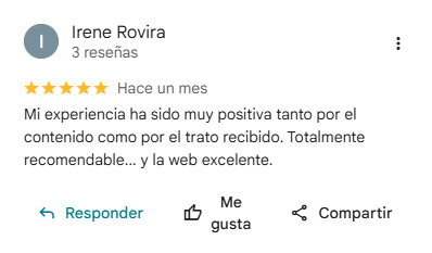 Reseña en Google de Irene sobre el curso Experiencia Topstep